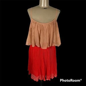 The Rage Tiered Pleated Crepe Mini Dress Spaghetti Strap Gorgeous Coral Orange